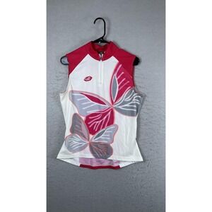 Briko Butterfly Cycling Jersey Tank Womens Large Pink White Sleeveless 1/4 Zip